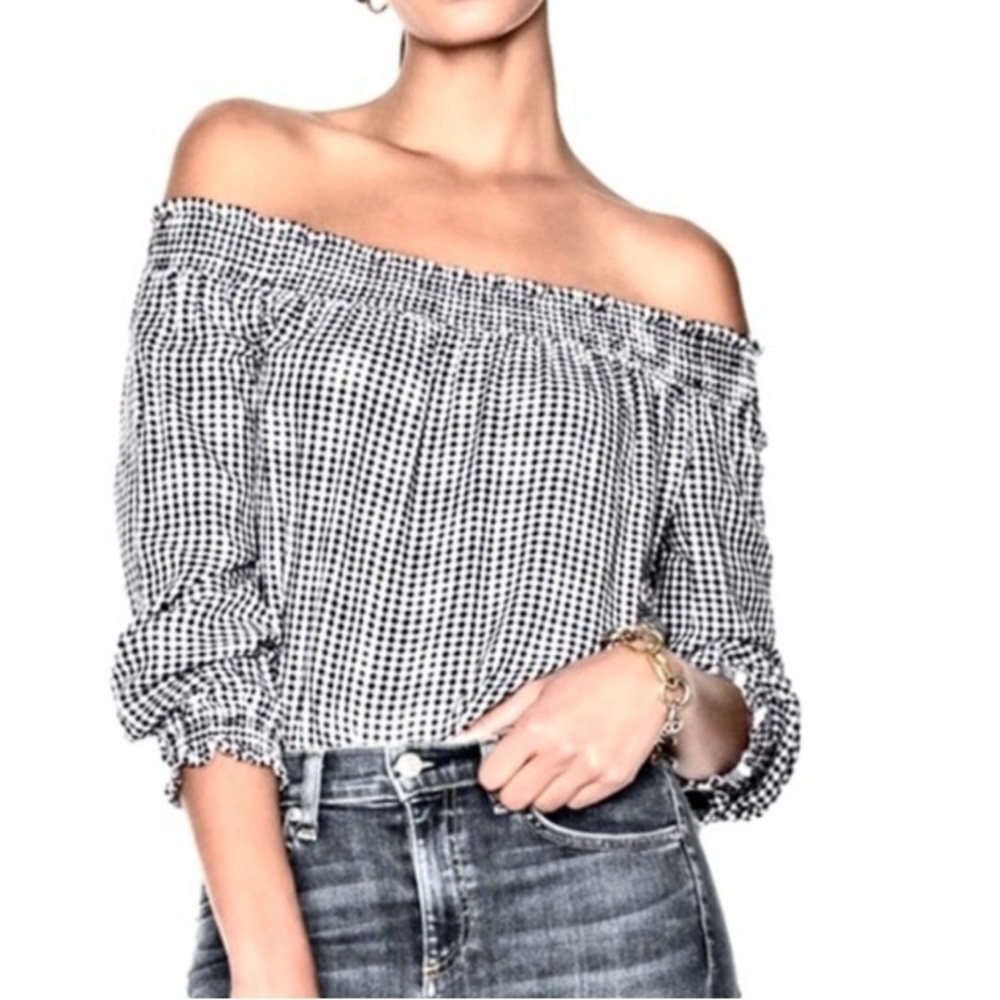 Rag & Bone Jean Gingham Check Off the Shoulder Blouse Long Sleeve Crop Top XS